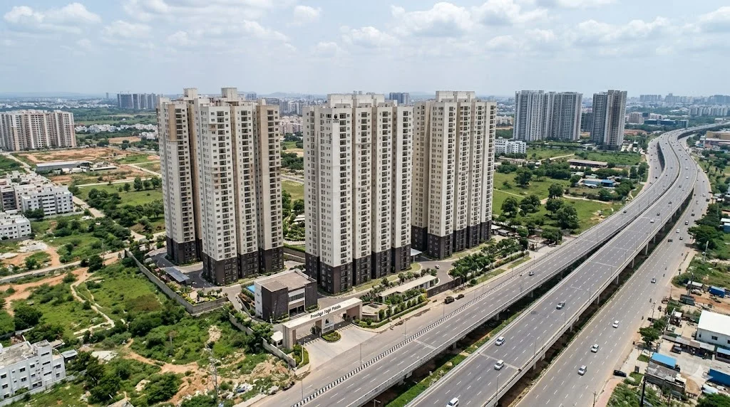 Exterior view of premium luxury apartments by Prestige Group conveniently located along the Outer Ring Road in Hyderabad.